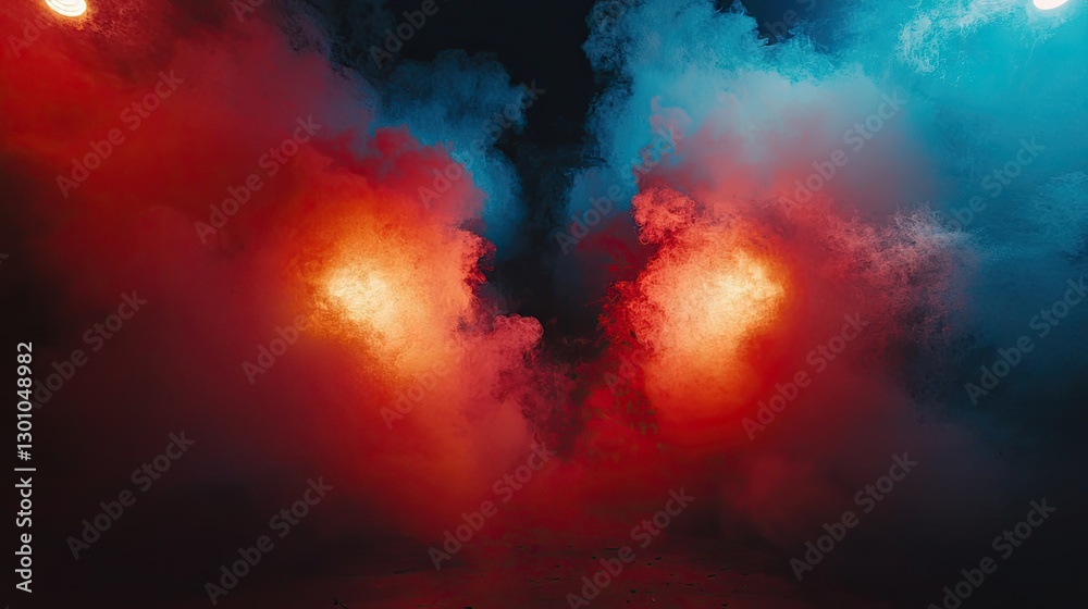Naklejka premium Red and blue smoke, dramatic lighting, dark background, stage setting, music concert