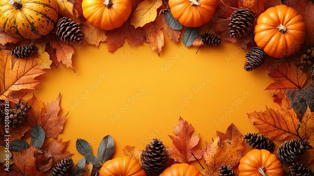 Small pumpkins, fall leaves, and pinecones arranged on a vibrant yellow backdrop for an autumnal theme. Small pumpkins, fall leaves, and pinecones arranged on a vibrant yellow backdrop for an autumnal theme.