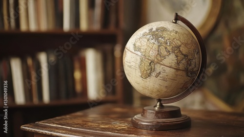 An antique world globe sits on a wooden table indoors near books