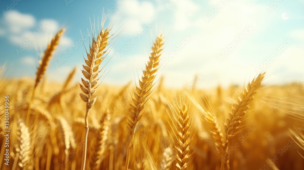 Fototapeta premium Close view of golden wheat in a bright sunny field