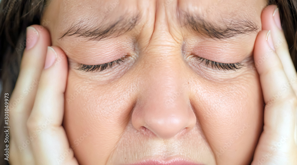 Close up of person holding head with pained expression possibly experiencing headache stress Close up of person holding head with pained expression possibly experiencing headache stress