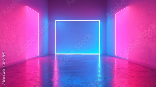 Abstract Pink and Blue Neon Room with Reflective Floor