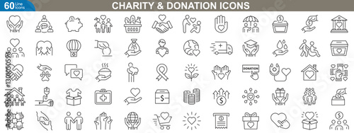 Charity and donation icons set. Giving hands, fundraising, philanthropy, volunteer support, crowdfunding, heart symbols, humanitarian aid, helping community and more. Vector illustration