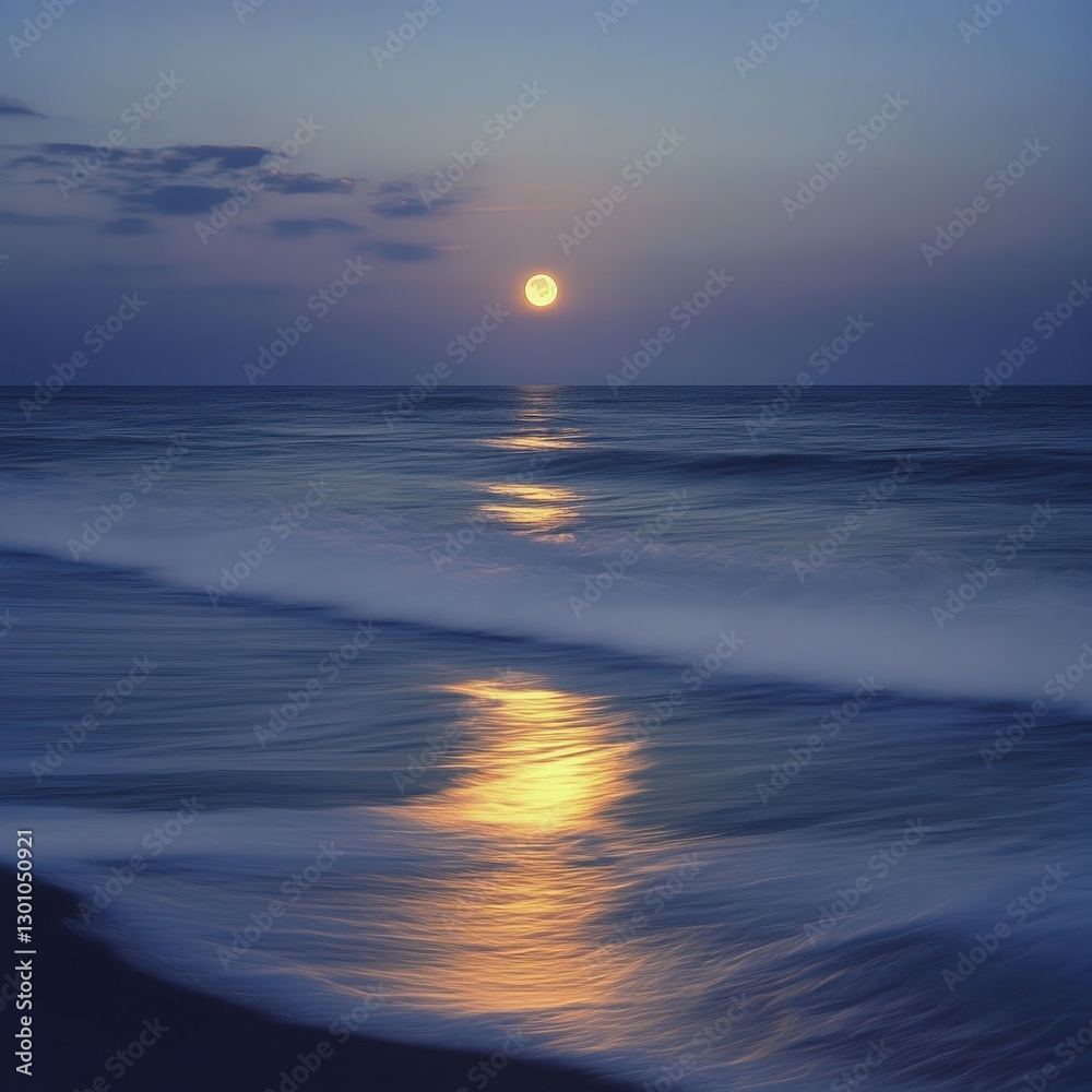 Fototapeta premium A peaceful ocean scene where the moons glow gently reflects on the rolling waves ar 16:9 v 6.1 q 2