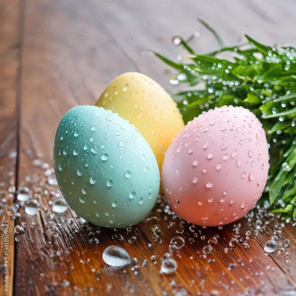 Obraz premium Wooden Easter eggs featuring charming spring rain designs, perfect for celebrating the season, Easter crafts, and festive decorations
