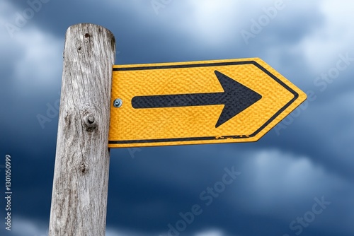 A hurricane evacuation route sign bending in the powerful wind as dark clouds loom overhead