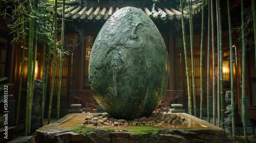 Majestic stone egg centerpiece in a serene bamboo courtyard, surrounded by tranquil water features