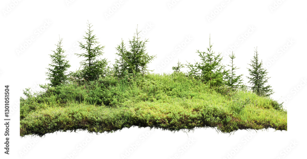 Fototapeta premium Lush green landscape featuring evergreen trees and vibrant undergrowth in a natural setting suitable for outdoor design projects, cut out