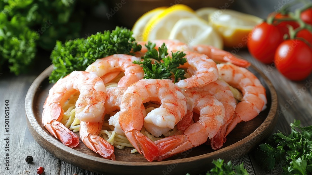 Shrimps with pasta, tomatoes and parsley on wooden table Shrimps with pasta, tomatoes and parsley on wooden table
