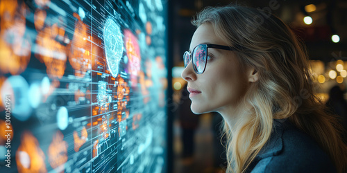 Woman Interacting with Advanced Digital Interface Exploring the Future of Technology