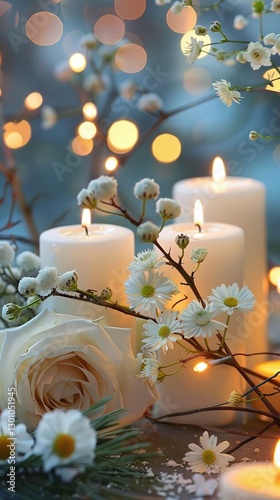 Spa composition with burning candles, flowers and sea salt on white marble table