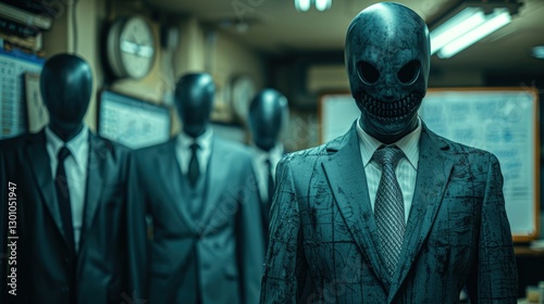 Mysterious figures in suits with distorted faces in a dimly lit office, evoking a surreal atmosphere