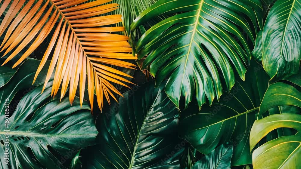Vibrant tropical leaves showcasing a variety of shapes and colors in a lush green environment