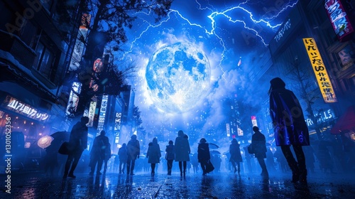 Nighttime cityscape with silhouettes of people under a dramatic blue moon and lightning backdrop