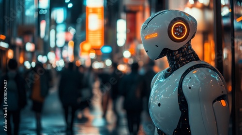 Wallpaper Mural In a lively futuristic city filled with bright neon lights, a humanoid AI interacts with humans, showcasing advanced technology and a blend of human-like features in a dynamic urban environment Torontodigital.ca