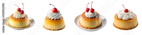Golden flan delight a decadent dessert topped with fluffy whipped cream and a juicy red cherry transparent background.