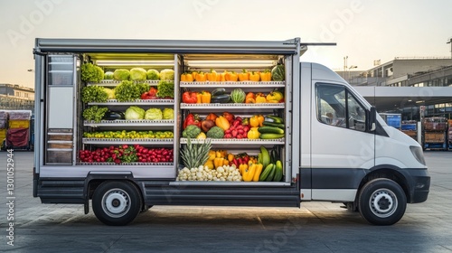 Produce delivery van fully loaded with fresh fruits and vegetables.
