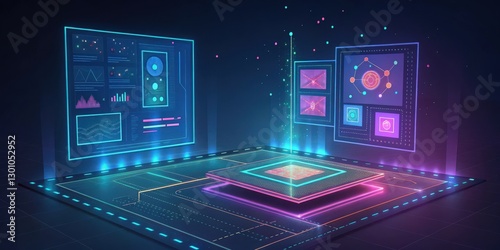 Wallpaper Mural abstract digital illustration of a futuristic circuit board with glowing neon lights and data displays surrounding a large processor, symbolizing the power and complexity of modern technology Torontodigital.ca