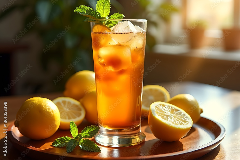 Fototapeta premium Realistic Long Island Iced Tea Cocktail Photography: Amber Drink with Lemon and Mint Garnish