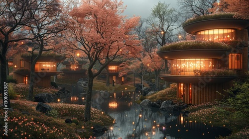 Serene autumn landscape featuring modern wooden houses amidst glowing cherry blossom trees by a tranquil pond