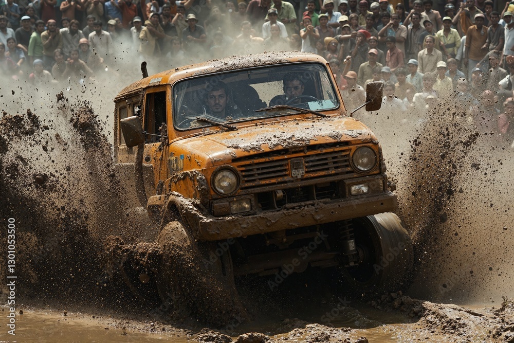 Obraz premium Off-road adventure challenge: vintage truck conquering muddy terrain at extreme racing event