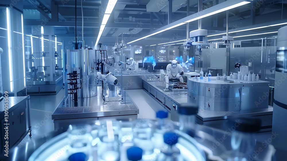 A high-definition shot of a futuristic lab with robots and scientists working together in A high-definition shot of a futuristic lab with robots and scientists working together in