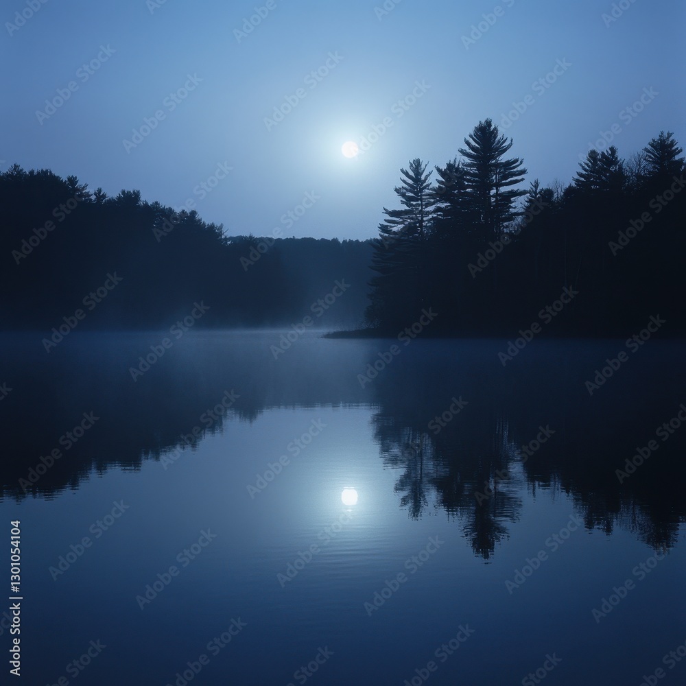 Fototapeta premium A misty lake at midnight, the moons reflection slightly distorted by gentle ripples ar 16:9 v 6.1 q 2