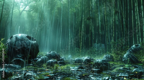 Serene bamboo forest during rainfall with misty ambiance and large rocks scattered throughout