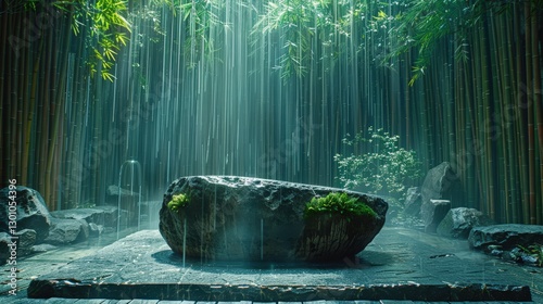 Serene bamboo garden with a stone centerpiece under gentle rain, creating a tranquil atmosphere