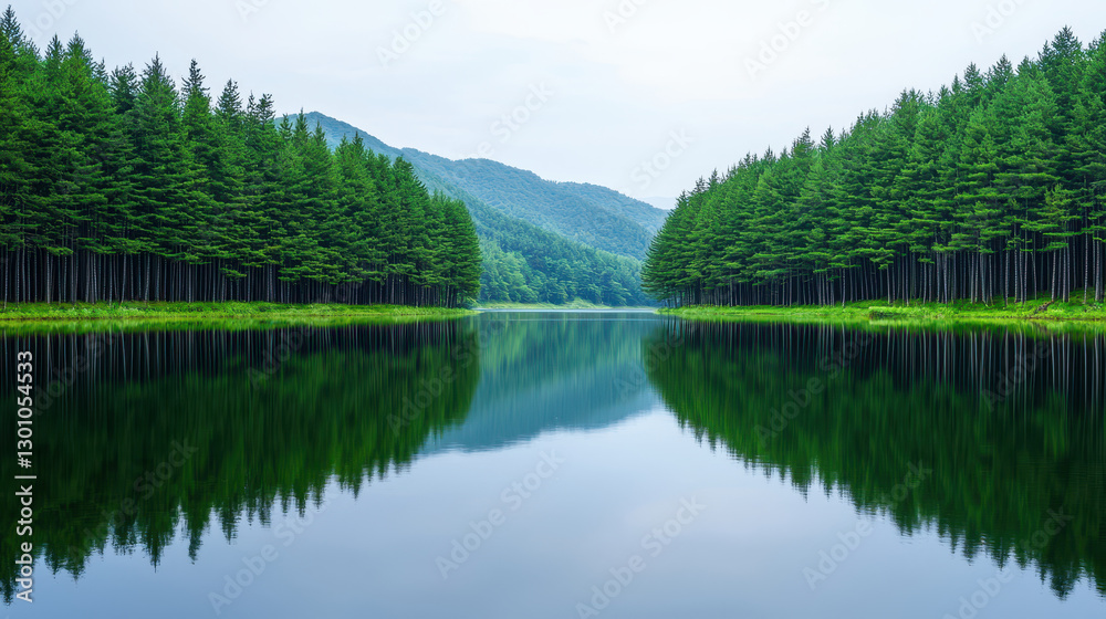 Lush green forest reflecting on calm lake surrounded by mountains , Korean Pine Concept Lush green forest reflecting on calm lake surrounded by mountains , Korean Pine Concept