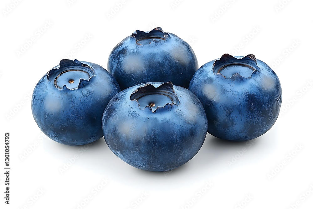Obraz premium Close-up of four juicy blueberries on white background