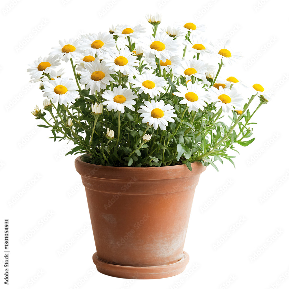 A Vibrant Potted Daisy Plant with White and Yellow Flowers Isolated on Transparent Background A Vibrant Potted Daisy Plant with White and Yellow Flowers Isolated on Transparent Background