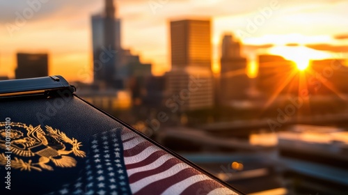 A U.S. passport and American flag are in focus, with a blurred airplane in the background during sunset, symbolizing travel and patriotism