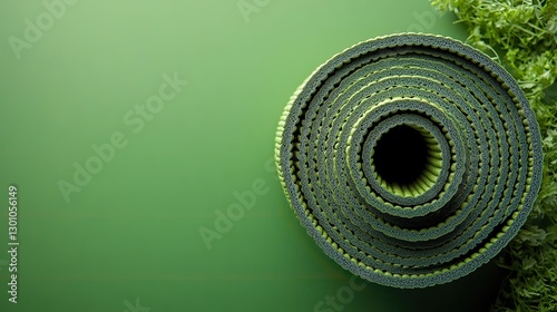 Sports accessories concept a top view photo of a green yoga mat on an isolated green background, with copyspace.
