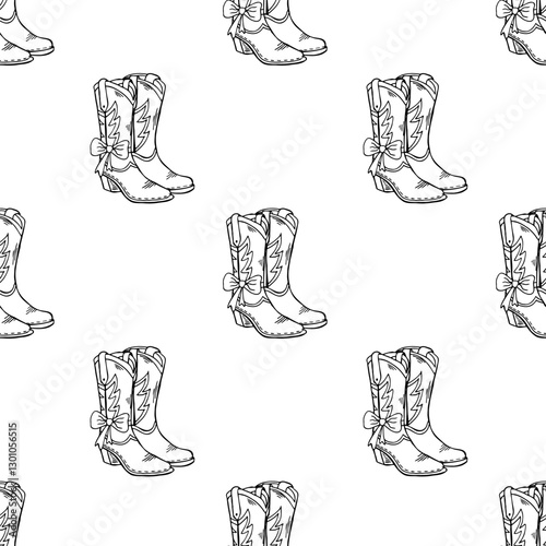 Cowgirl line art illustration seamless pattern with lasso and bow details for western decor