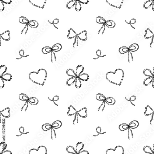 Cowgirl line art illustration seamless pattern featuring lasso, bows, and doodles of western elements for decorative backgrounds
