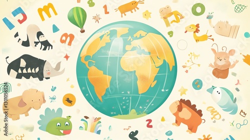 Colorful world map with cute animal illustrations. photo