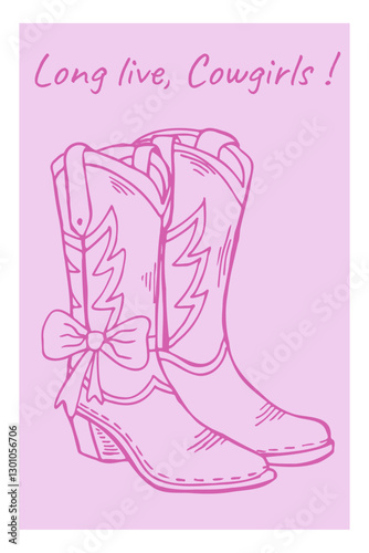 Cowgirl line art illustration featuring stylish boots with a coquette bow accent in a playful pink background