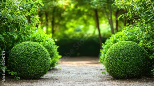 Lush green garden pathway framed by perfectly trimmed round bushes, leading into a serene, vibrant landscape filled with sunlight and greenery, inviting relaxation and nature appreciation.