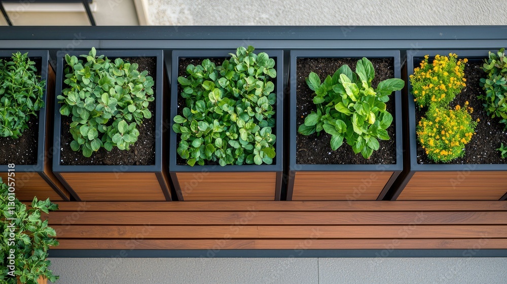 A vibrant collection of thriving potted herbs and plants neatly arranged in wooden planters, showcasing a variety of lush green foliage that enhances any indoor or outdoor space.
