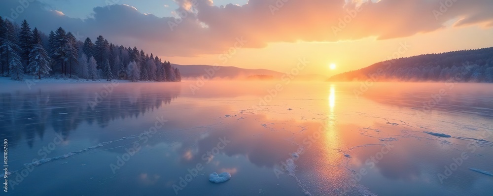 Fototapeta premium Morning sun casts an ethereal glow on frozen lake surface, calm waters, frozen lake