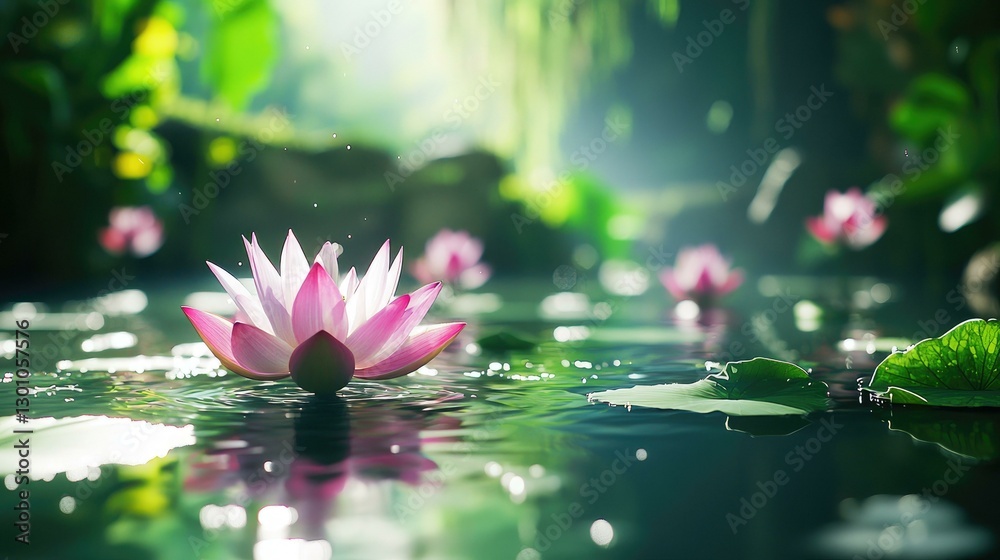 Tranquil Water Lilies Blooming Gracefully in a Serene Pond Surrounded by Lush Greenery and Soft Light, Creating a Peaceful and Inviting Natural Landscape for Relaxation and Reflection.