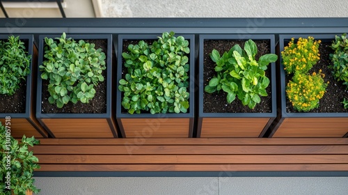 Obraz na płótnie A vibrant collection of thriving potted herbs and plants neatly arranged in wooden planters, showcasing a variety of lush green foliage that enhances any indoor or outdoor space. w salonie