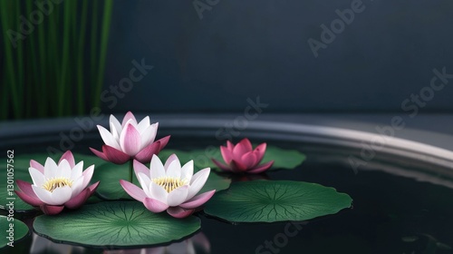 Serene Water Lilies Float on a Calm Pond, Surrounded by Lush Greenery in a Modern Setting -A Tranquil Oasis for Relaxation and Reflection, Perfect for Nature and Wellness Themes.