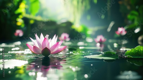 Obraz na płótnie Tranquil Water Lilies Blooming Gracefully in a Serene Pond Surrounded by Lush Greenery and Soft Light, Creating a Peaceful and Inviting Natural Landscape for Relaxation and Reflection. w salonie