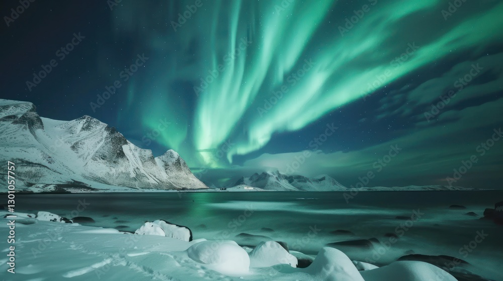 Fototapeta premium Northern Lights Dance Over Snowy Mountains