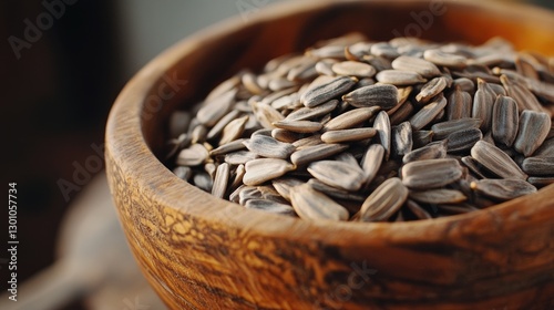 Wooden bowl with peeled sunflower seeds. Close-up. Organic food.