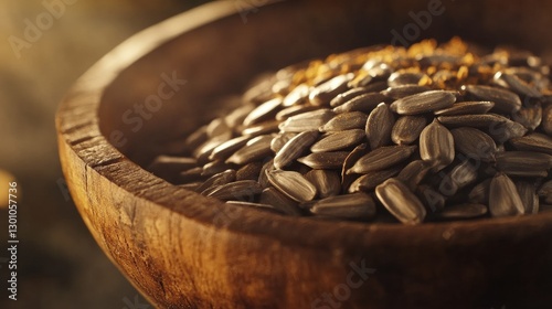 Wooden bowl with peeled sunflower seeds. Close-up. Organic food.