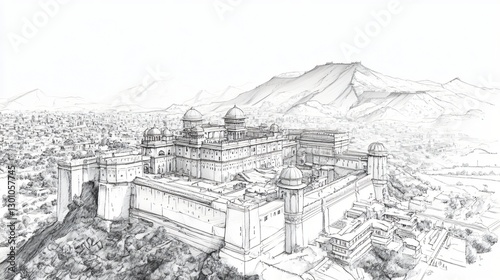 Line art of an aerial view of Jaipur's Amber Fort, showcasing its grand architecture against the Aravalli hills