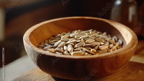 Wooden bowl with peeled sunflower seeds. Close-up. Organic food.